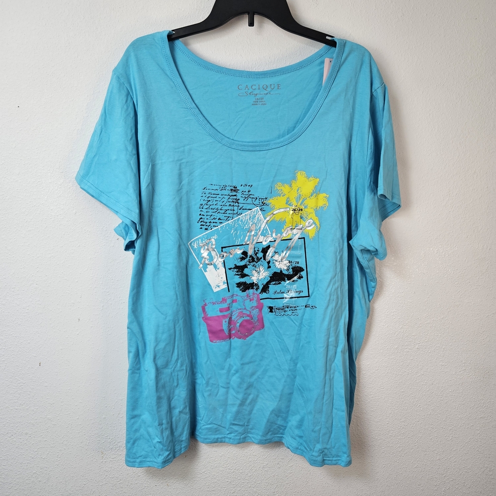 CACIQUE graphic Tee Tshirt Size 26/28 NWT Bon Voyage Palm Springs